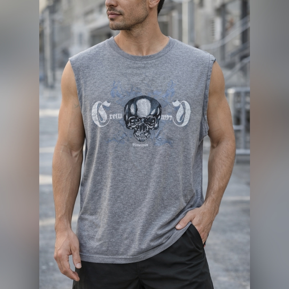 Timeout Gray Sleeveless Graphic Tank Size L Skull Print Urban Streetwear Cotton